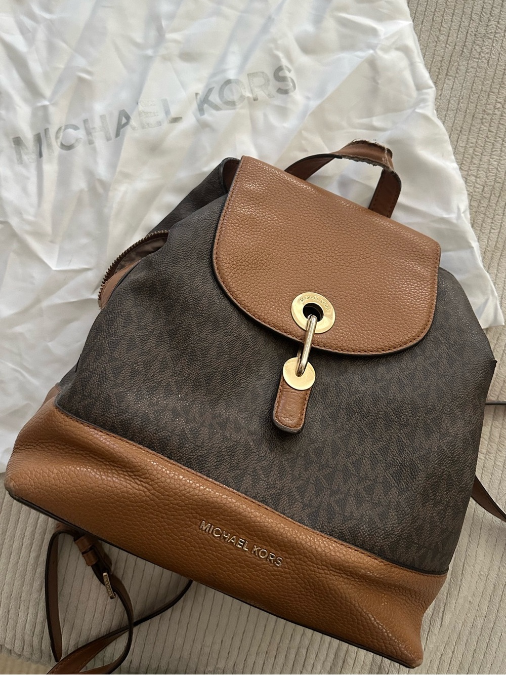 Michael Kors Raven Brown Logo Backpack with Tan Leather Trim